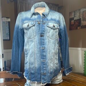 Black Daisy Jean Jacket with Vintage Fading and Trucker Style - Fringe Bottom L